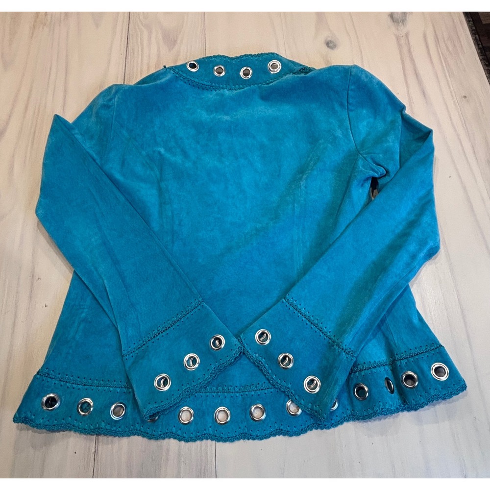 Cache Turquoise Blue Genuine Suede Leather Grommet Crochet Trim Jacket Medium - Picture 9 of 16
